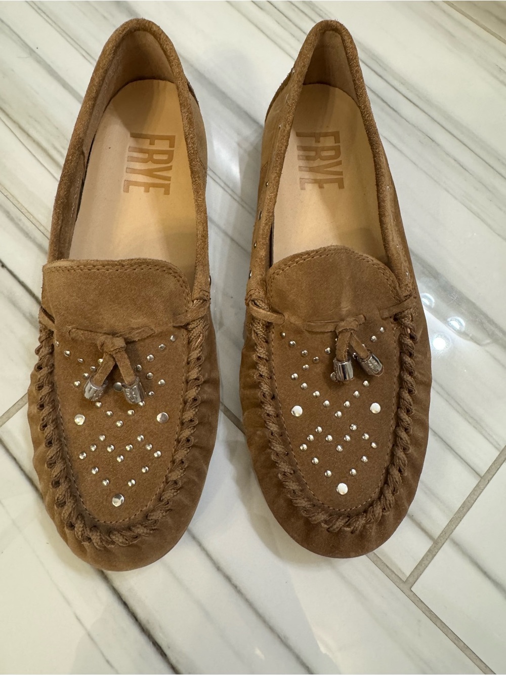 FRYE Tan Suede Studded Moccasin Loafers Size 6